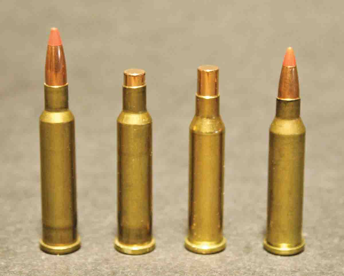 Both the .17 Ackley Hornet (left) and .17 Hornady Hornet (right) have essentially the same case capacity, despite the shorter case body of the Hornady version, due to the taper of the Ackley’s body. The chamber for John’s .17 Ackley Hornet has a shorter throat than the .17 Hornady Hornet, as demonstrated by the backward bullets seated to the start of the throats.
